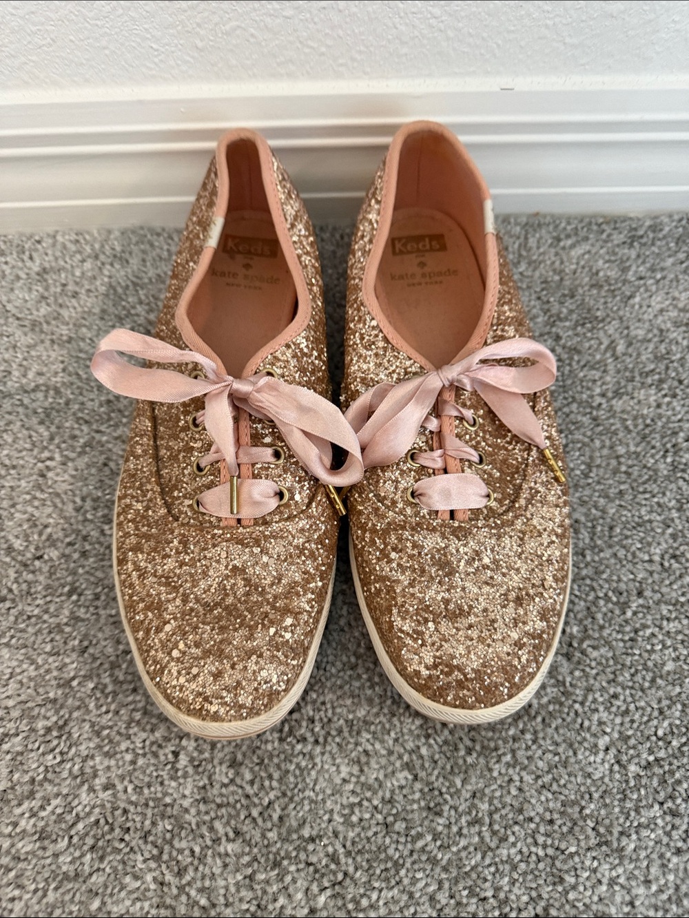 kate spade Glitter Rose Gold Sneakers with Pink Satin Laces